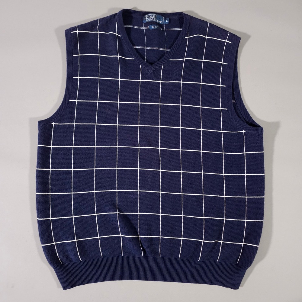 Polo Ralph Lauren Sweater Vest Mens Large Navy Blue Silk Cotton Windowpane Grid